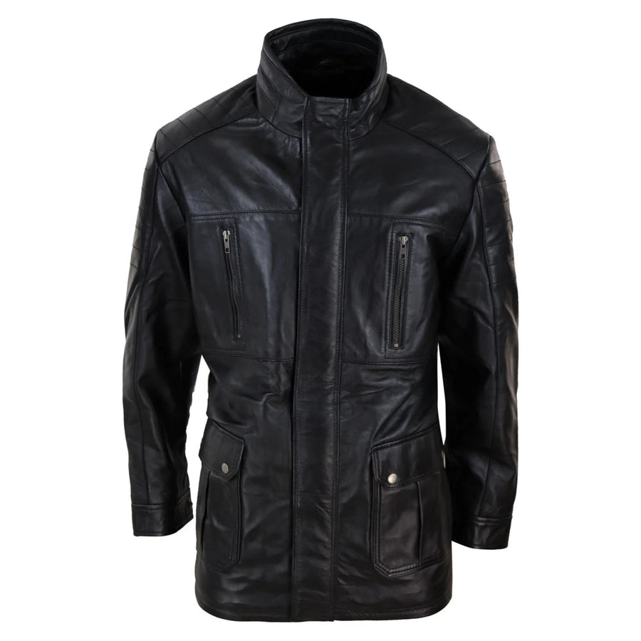 Giaccone Lungo da Uomo in Vera Pelle Invernale con Zip stile Safari - Nero - Infinity Leather - 1