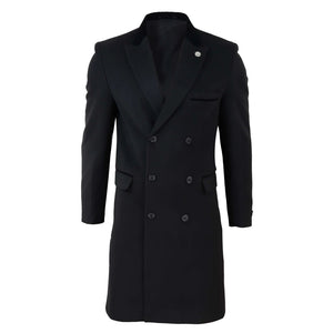 Men's 3/4 Long Double Breasted Overcoat Jacket Wool Coat Peaky Blinders - Black - TruClothing.com - 1