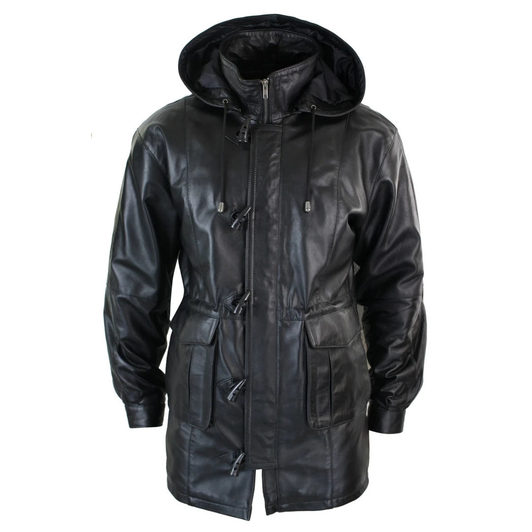Cappotto da Uomo Lungo in Vera Pelle con Cappuccio Rimovibile Safari Classico - LLD - 1