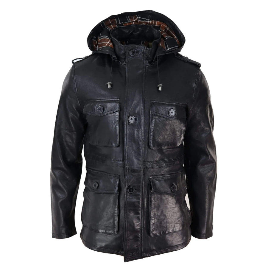 3/4 długi skórzany płaszcz duffle męski safari z odpinanym kapturem wojskowy - Czarny - Infinity Leather - 1