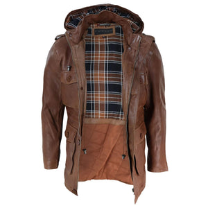 3/4 długi skórzany płaszcz duffle męski safari z odpinanym kapturem wojskowy - Jasnobrązowy - Infinity Leather - 11