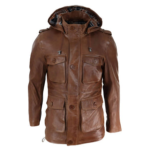 3/4 długi skórzany płaszcz duffle męski safari z odpinanym kapturem wojskowy - Jasnobrązowy - Infinity Leather - 7