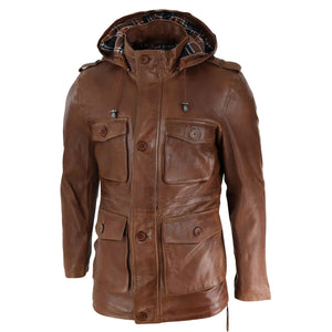 3/4 długi skórzany płaszcz duffle męski safari z odpinanym kapturem wojskowy - Jasnobrązowy - Infinity Leather - 8