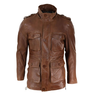 3/4 długi skórzany płaszcz duffle męski safari z odpinanym kapturem wojskowy - Jasnobrązowy - Infinity Leather - 9