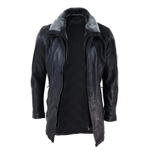 Giacca Lunga Safari da Uomo Stile Classico on Bottoni e Zip - Nero - Infinity Leather - 12