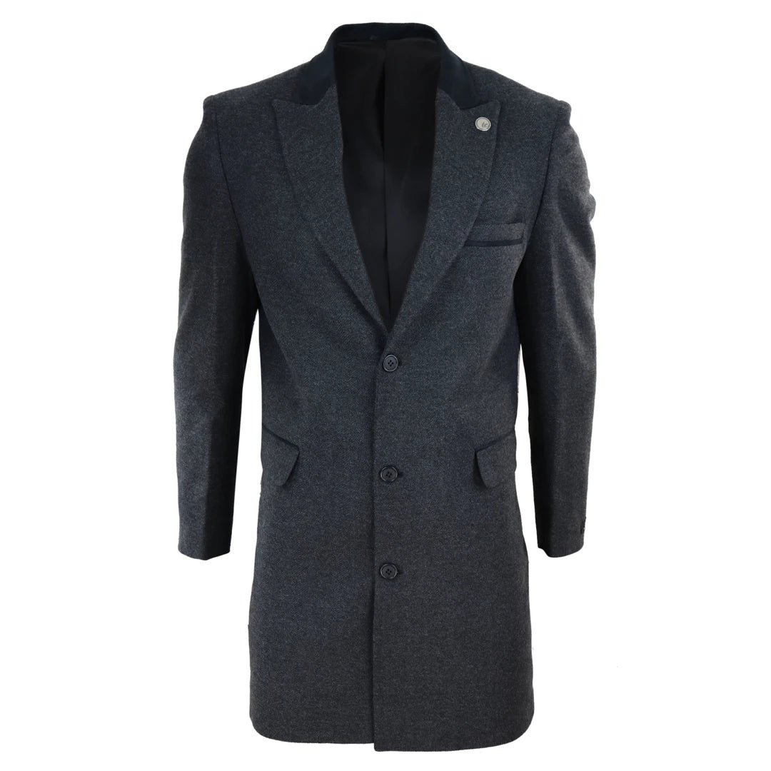 Men's 3/4 Long Overcoat Jacket Herringbone Tweed Coat Peaky Blinders - Charcoal - TruClothing.com - 1