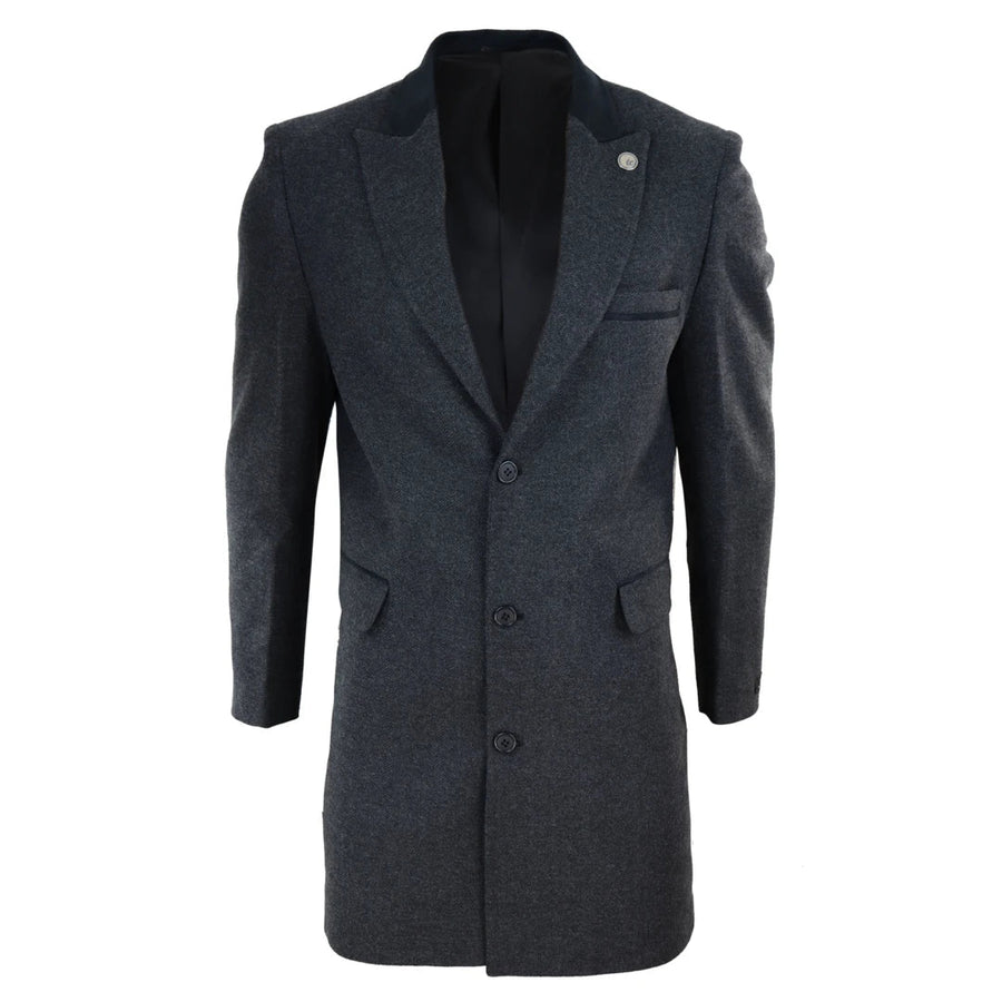 3/4 długi płaszcz męski z tweedu w jodełkę Peaky Blinders - Grafitowy - TruClothing.com - 1