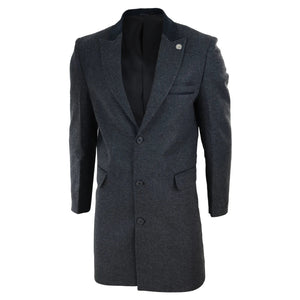 Men's 3/4 Long Overcoat Jacket Herringbone Tweed Coat Peaky Blinders - Charcoal - TruClothing.com - 2