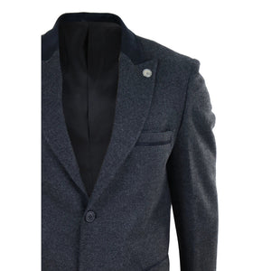 Men's 3/4 Long Overcoat Jacket Herringbone Tweed Coat Peaky Blinders - Charcoal - TruClothing.com - 3