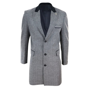 Men's 3/4 Long Overcoat Jacket Herringbone Tweed Coat Peaky Blinders - Grey - TruClothing.com - 6