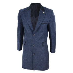 Men's 3/4 Long Overcoat Jacket Herringbone Tweed Coat Peaky Blinders - Navy - TruClothing.com - 12