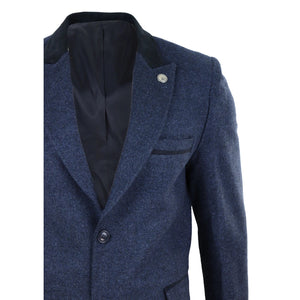 Men's 3/4 Long Overcoat Jacket Herringbone Tweed Coat Peaky Blinders - Navy - TruClothing.com - 13