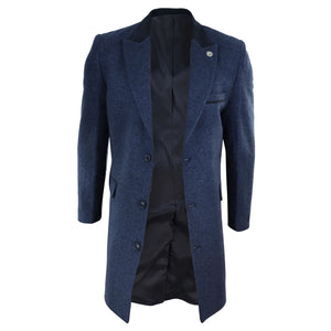 Men's 3/4 Long Overcoat Jacket Herringbone Tweed Coat Peaky Blinders - Navy - TruClothing.com - 14