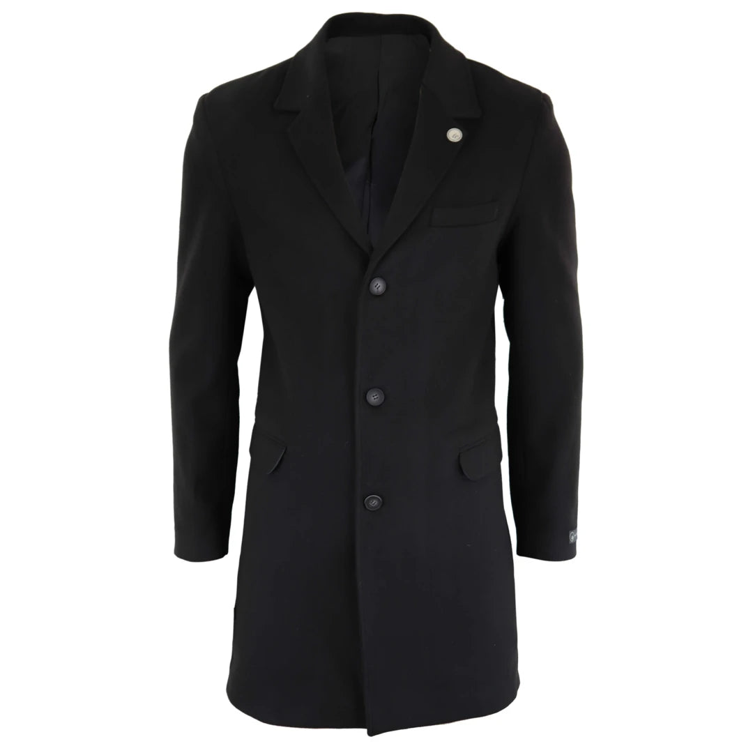 Men's 3/4 Long Overcoat Jacket Wool Feel Coat Blinders - Black - TruClothing.com - 1