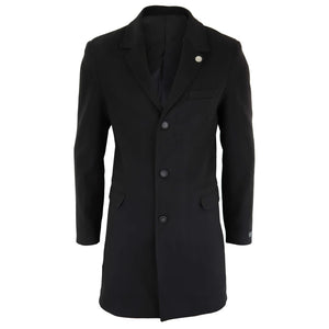 Men's 3/4 Long Overcoat Jacket Wool Feel Coat Blinders - Black - TruClothing.com - 1