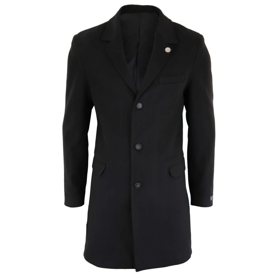 Men's 3/4 Long Overcoat Jacket Wool Feel Coat Blinders - Black - TruClothing.com - 1