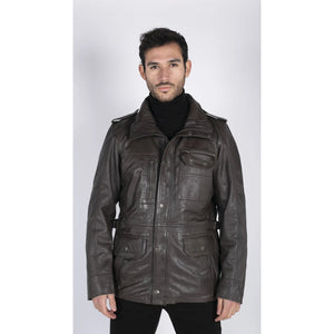 Men's 3/4 Safari Parka Leather Jacket - Brown - Aviatrix - 8