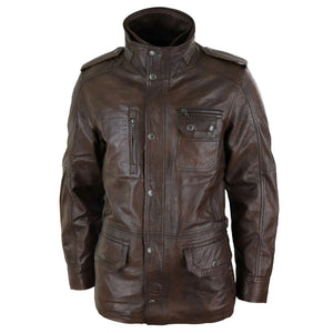 Men's 3/4 Safari Parka Leather Jacket - Brown - Aviatrix - 9