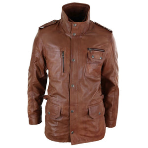 Men's 3/4 Safari Parka Leather Jacket - Tan - Aviatrix - 14