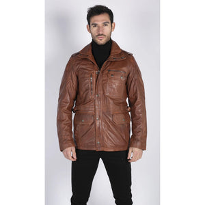 Men's 3/4 Safari Parka Leather Jacket - Tan - Aviatrix - 15