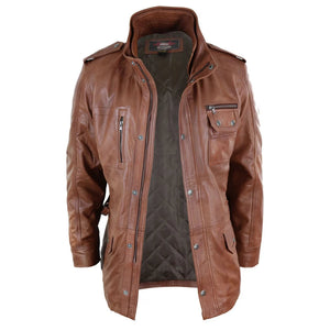 Men's 3/4 Safari Parka Leather Jacket - Tan - Aviatrix - 19
