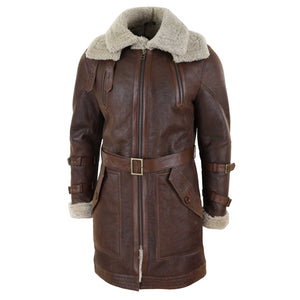 Manteau homme veste 3/4 peau de mouton Shearling véritable style aviateur pilote avec ceinture en marron beige - TruClothing.com - 2