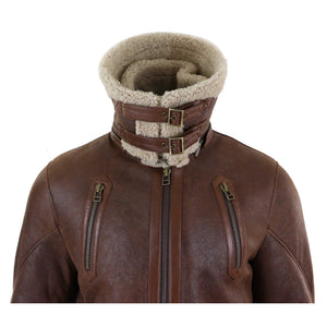 Manteau homme veste 3/4 peau de mouton Shearling véritable style aviateur pilote avec ceinture en marron beige - TruClothing.com - 6