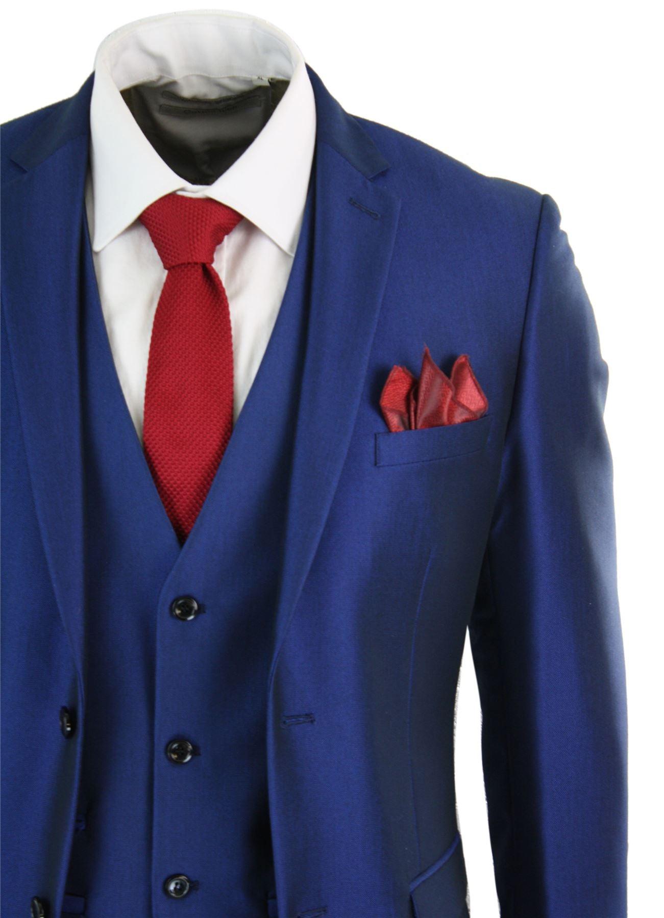 Mens 3 Piece Shiny Blue Wedding Prom Party Suit Tailored Fit Smart Formal-TruClothing