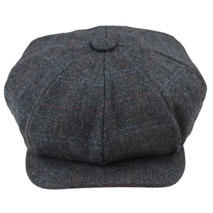 Casquette gavroche à 8 côtes style Blinders vendeur de journaux en tweed gris de laine mélangée à carreaux bleus - Major - 1