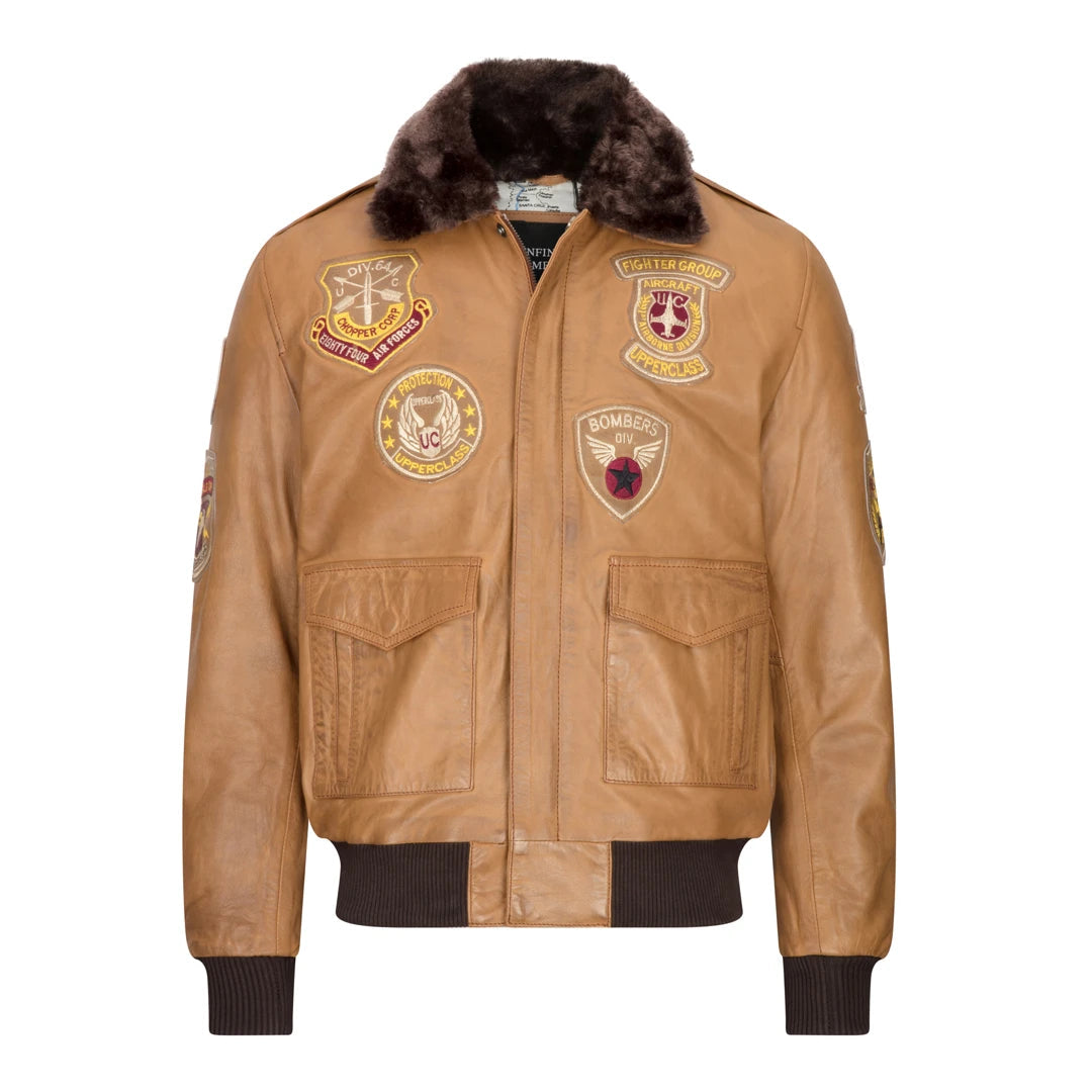 Piloten-Bomberjacke für Herren hellbraun abnehmbarer schwarzer Pelzkragen - Aviatrix - 1