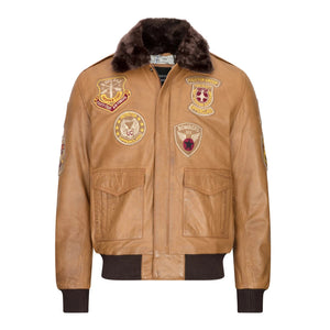 Piloten-Bomberjacke für Herren hellbraun abnehmbarer schwarzer Pelzkragen - Aviatrix - 1