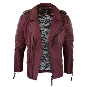 Blouson biker pour homme fermeture zip diagonale style vintage punk rock en noir ou bordeaux coupe ajustée - Infinity Leather - 10