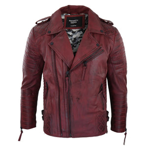 Blouson biker pour homme fermeture zip diagonale style vintage punk rock en noir ou bordeaux coupe ajustée - Infinity Leather - 6