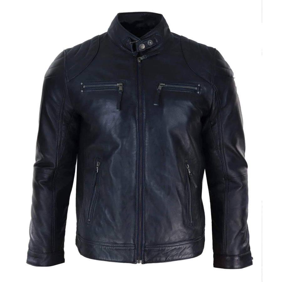 Męska krótka lekka skórzana kurtka motocyklowa na zamek klasyczna - Czarny - Infinity Leather - 1