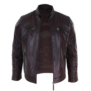 Men's Biker Zip Jacket Leather Light Short Classic Motorcycle - Brown - Infinity Leather - 11
