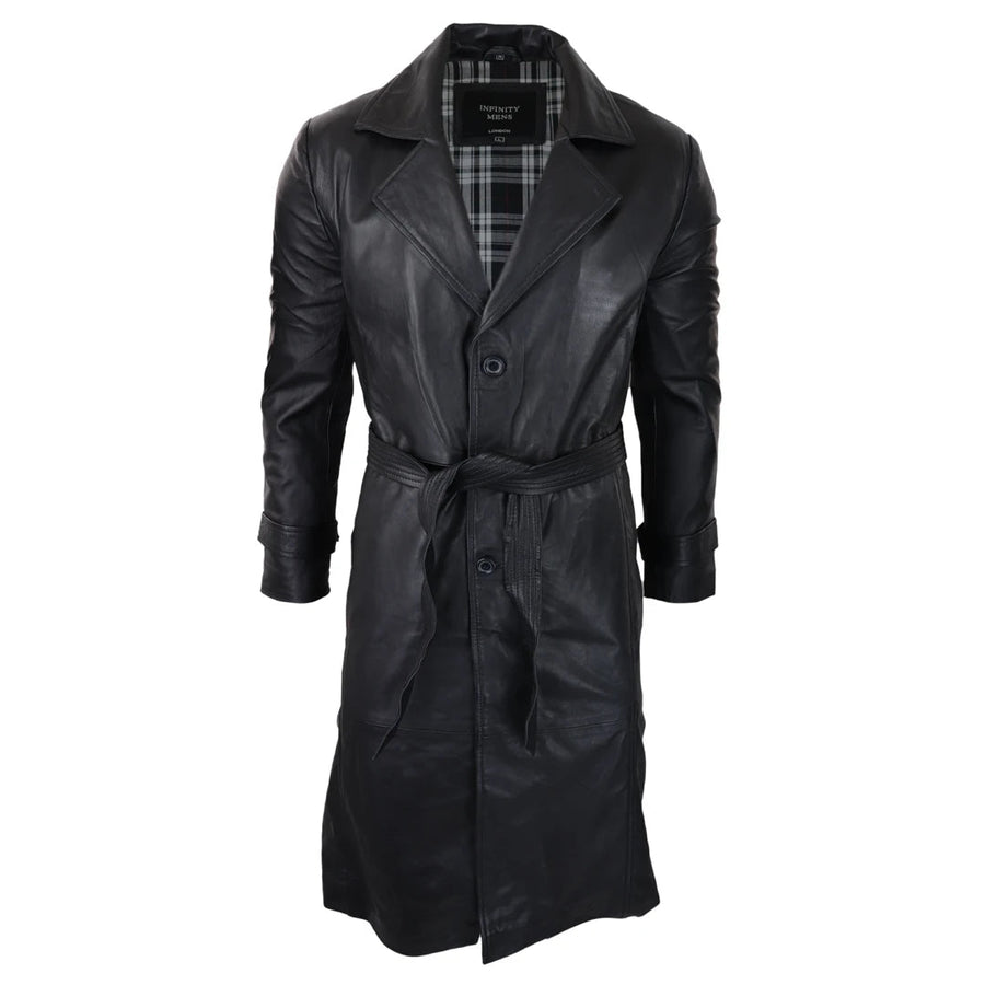 Czarny 3/4 płaszcz męski skórzany klasyczny z paskiem w stylu punk z lat 80 - Infinity Leather - 1