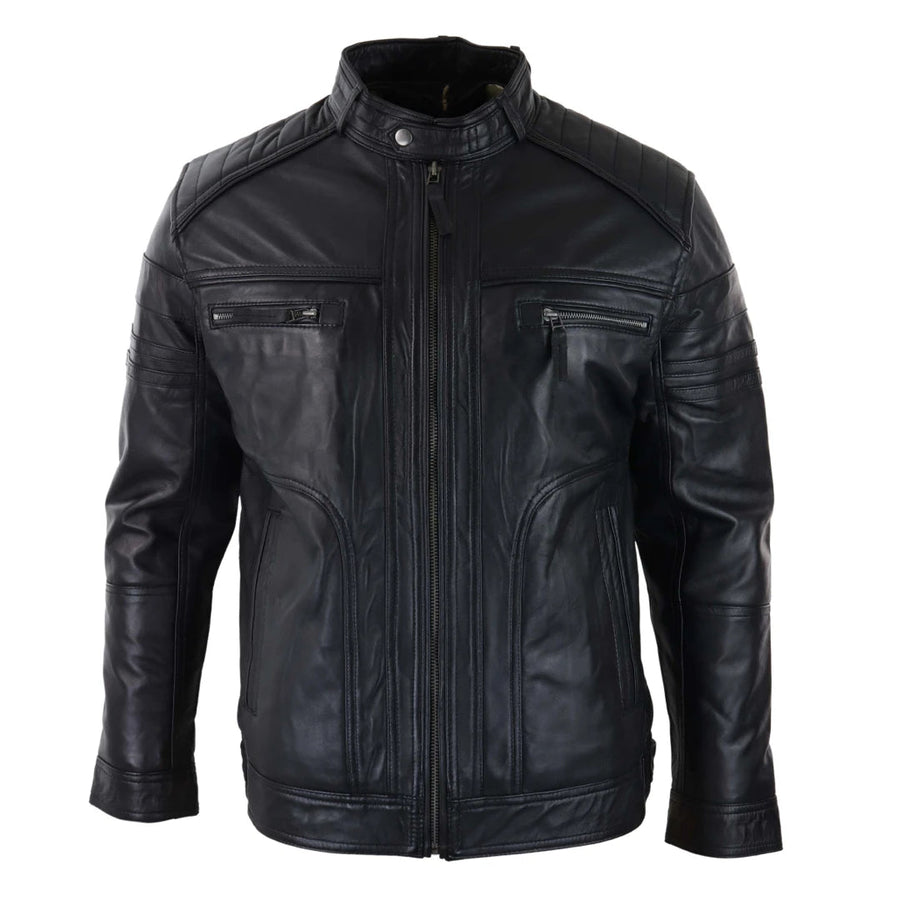 Męska czarno-brązowa skórzana kurtka motocyklowa postarzana zapinana na zamek - Infinity Leather - 1