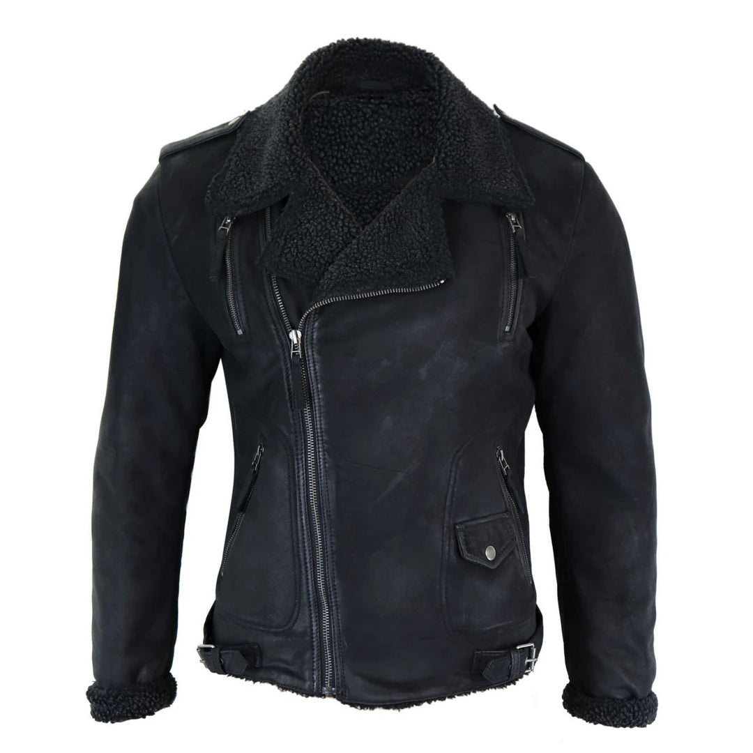 Herren-Bikerjacke aus schwarzem braunem Leder mit Kreuzreißverschluss und Fleece-Futter - Aviatrix - 1