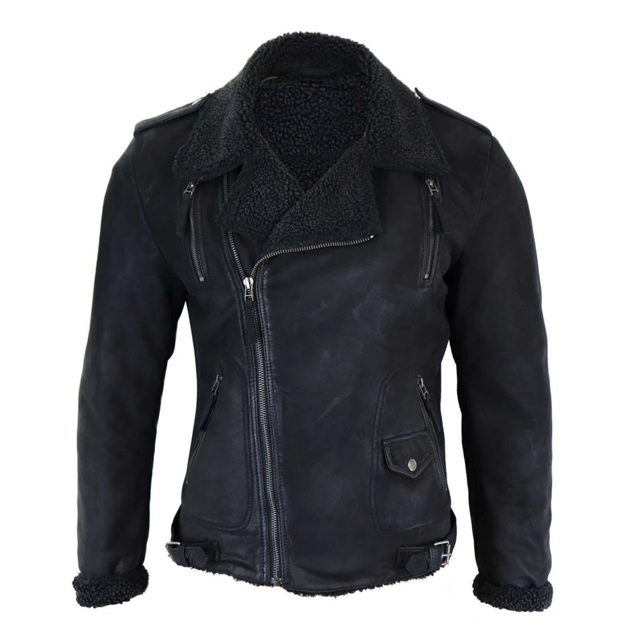 Herren-Bikerjacke aus schwarzem braunem Leder mit Kreuzreißverschluss und Fleece-Futter - Aviatrix - 1