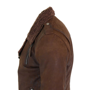 Herren-Bikerjacke aus schwarzem braunem Leder mit Kreuzreißverschluss und Fleece-Futter - Aviatrix - 10