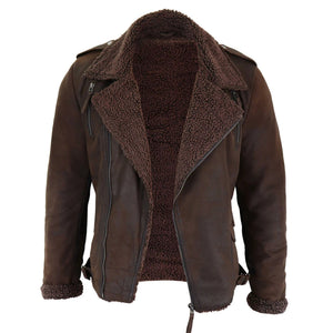 Herren-Bikerjacke aus schwarzem braunem Leder mit Kreuzreißverschluss und Fleece-Futter - Aviatrix - 11