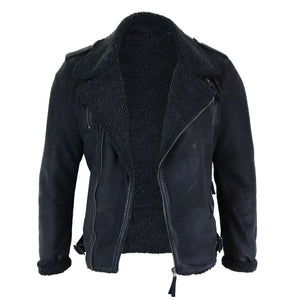 Herren-Bikerjacke aus schwarzem braunem Leder mit Kreuzreißverschluss und Fleece-Futter - Aviatrix - 5