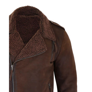 Herren-Bikerjacke aus schwarzem braunem Leder mit Kreuzreißverschluss und Fleece-Futter - Aviatrix - 9