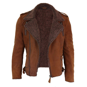 Herren-Bikerjacke aus schwarzem braunem Leder mit Kreuzreißverschluss und Fleece-Futter - Hellbraun - Aviatrix - 17