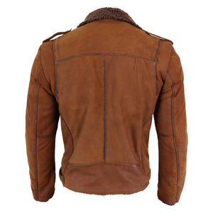 Herren-Bikerjacke aus schwarzem braunem Leder mit Kreuzreißverschluss und Fleece-Futter - Hellbraun - Aviatrix - 18