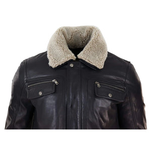 Veste en cuir marron noir pour homme, col en peau de mouton, courte, à fermeture éclair et boutons - Infinity Leather - 11