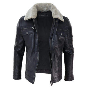 Veste en cuir marron noir pour homme, col en peau de mouton, courte, à fermeture éclair et boutons - Infinity Leather - 12