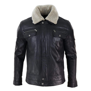 Veste en cuir marron noir pour homme, col en peau de mouton, courte, à fermeture éclair et boutons - Infinity Leather - 9