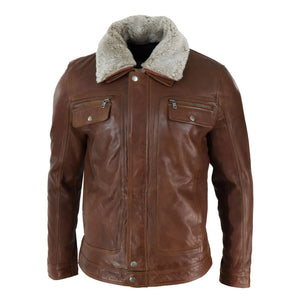 Veste en cuir marron noir pour homme, col en peau de mouton, courte, à fermeture éclair et boutons - Bois - Infinity Leather - 4