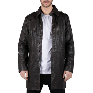 Men's Black Brown Leather Trench Coat Button 3/4 - Infinity Leather - 8